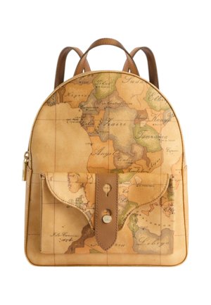 Zaino piccolo con stampa di una mappa vintage che mostra paesi africani, tasca frontale con cinturino in pelle marrone e cerniera dorata.