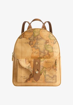 Zaino piccolo con stampa di una mappa vintage che mostra paesi africani, tasca frontale con cinturino in pelle marrone e cerniera dorata.