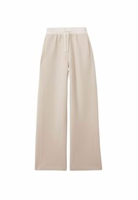 Beige weite Hose aus weichem Stoff, mit einem Tunnelzugbund und zwei seitlichen Taschen. Glatte Textur mit minimalen Nähdetails.