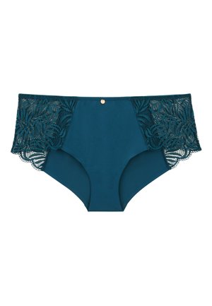 Culotte teal avec des bordures en dentelle florale sur les côtés, présentant un panneau avant lisse et un petit accent doré à la taille au centre.