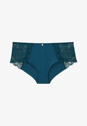 Culotte teal avec des bordures en dentelle florale sur les côtés, présentant un panneau avant lisse et un petit accent doré à la taille au centre.