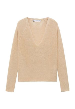 Beige knit sweater with a deep V-neck, long raglan sleeves, and a textured finish. Subtle sheen adds visual interest to the fabric.