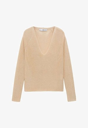 Beige knit sweater with a deep V-neck, long raglan sleeves, and a textured finish. Subtle sheen adds visual interest to the fabric.