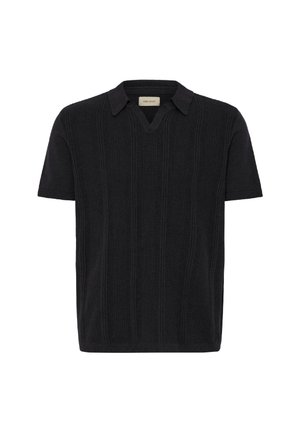Tricou polo negru cu mâneci scurte, realizat din țesătură rib, cu decolteu în V și guler contrastant. Design simplu și texturat.