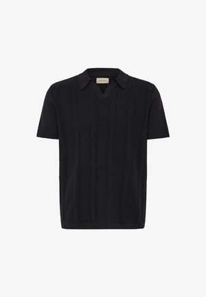 Must lühikeste varrukatega polosärk, mis on valmistatud soonikust kangast, featuring V-kaelusega ja kontrastse kraega. Lihtne ja tekstureeritud disain.