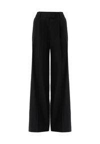 Schwarze, weite Hosen aus glattem Stoff, mit hoher Taille, Falten auf der Vorderseite und zwei seitlichen Taschen.