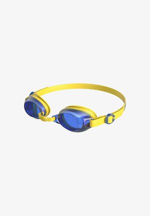 Gafas de natación con lentes azules, una correa amarilla flexible y hebilla ajustable sobre fondo blanco.