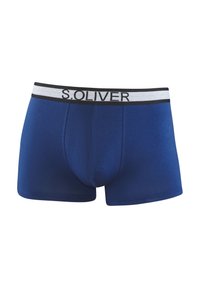 Modri bombažni bokserji z kontrastnim črnim pasom, na katerem je napis "S. OLIVER" in beli črtami. Gladka tekstura in prilegajoča zasnova.