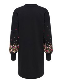 Black sweatshirt dress featuring long sleeves with colorful floral embroidery, ribbed cuffs, and a round neckline.