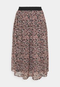 Jupe maxi florale en tissu léger, avec un fond noir orné de fleurs roses et blanches, et une taille élastique.