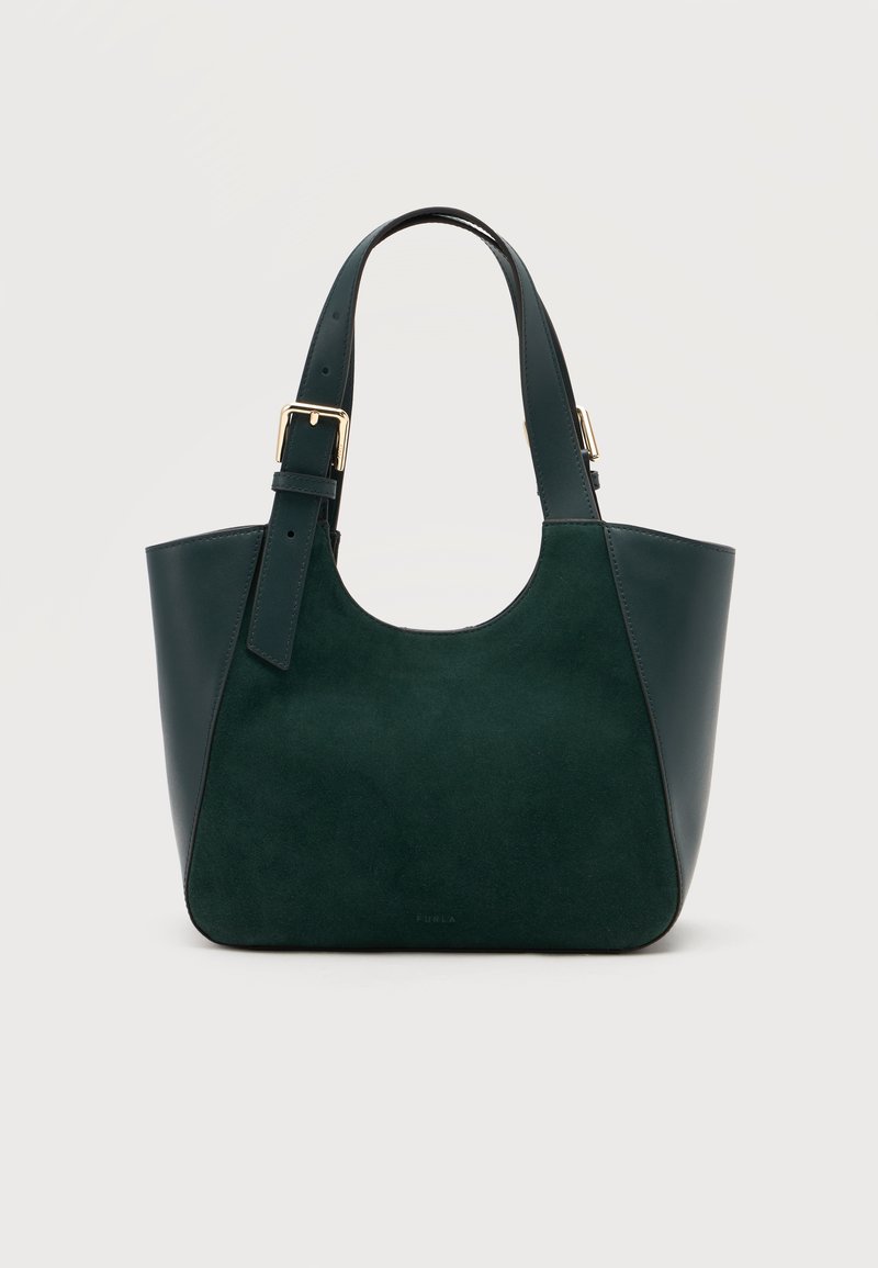 Τσάντα tote από σκοτεινό πράσινο δέρμα και σουέντ με ρυθμιζόμενο λουρί ώμου και αγκράφες σε χρυσό τόνο σε μονόχρωμο φόντο.