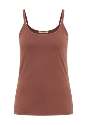 Braunes ärmelloses Damen-Top mit dünnen Trägern und U-Boot-Ausschnitt, dargestellt vor weißem Hintergrund.