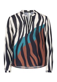 Blouse à manches longues avec un décolleté en V, ornée de rayures zébrées abstraites en bleu marine, crème, sarcelle et marron. Tissu doux avec un léger éclat.