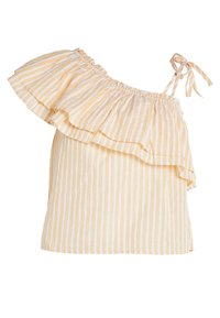 Top off-shoulder a righe in giallo chiaro e bianco, con orlo arruffato, spallina regolabile e tessuto morbido e testurizzato.