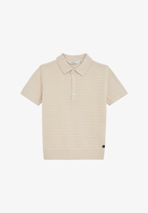 Polo majica bež barve s kratkimi rokavi, z teksturiranim vzorcem, klasičnim ovratnikom, tremi gumbi in majhnim črnim logotipom na robu.