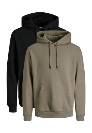 Two hoodies in black and olive, featuring drawstring hoods, front pockets, ribbed cuffs, and a soft fabric texture.