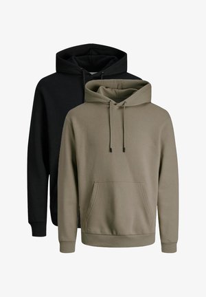Two hoodies in black and olive, featuring drawstring hoods, front pockets, ribbed cuffs, and a soft fabric texture.