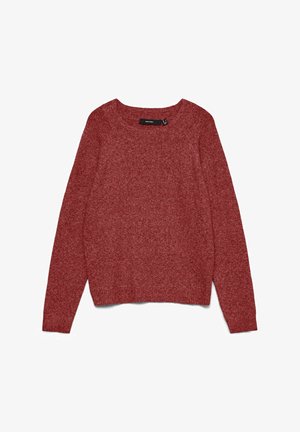 Suéter de punto rojo con cuello redondo, mangas largas y una tela texturizada. Etiqueta visible en el interior del cuello.