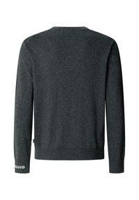 Pull gris foncé à manches longues avec poignets et ourlet côtelés, avec un détail de texte blanc sur le poignet droit, vu de dos.
