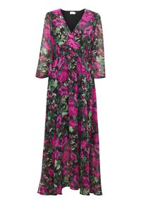 Blumiges Maxikleid aus durchsichtigem schwarzem Stoff, mit lebhaften rosa und grünen Blumenmustern, V-Ausschnitt und langen, fließenden Ärmeln.