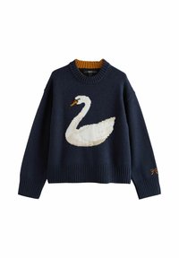 Maglione lavorato a maglia navy con motivo di cigno bianco, polsini e orlo a costine, e scollo a contrasto senape. Presenta un dettaglio con un fiocco ricamato.