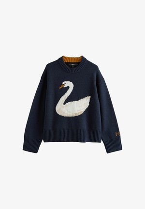 Navy knit sweater with a white swan motif, ribbed cuffs and hem, and a contrasting mustard neckline. Features an embroidered bow detail.