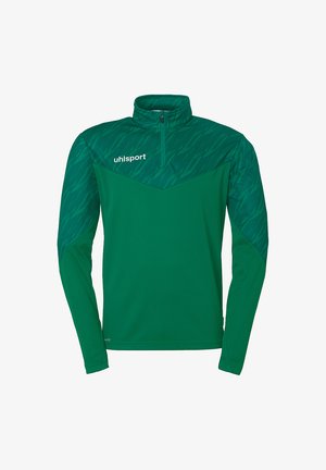 Grøn atletisk pullover med halv lynlås krave, med et geometrisk mønster på skuldrene og et logo på brystet. Lange ærmer.