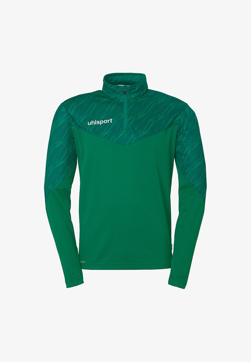 Grøn atletisk pullover med halv lynlås krave, med et geometrisk mønster på skuldrene og et logo på brystet. Lange ærmer.