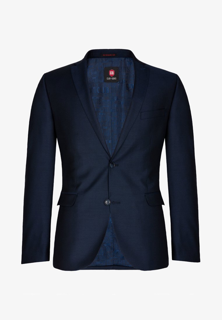 Navy-Blazer aus strukturiertem Stoff, mit einem einzelnen Knopf, Reverskragen und einer bedruckten blauen Innenausstattung. Verfügt über eine Brusttasche und Seitentaschen.