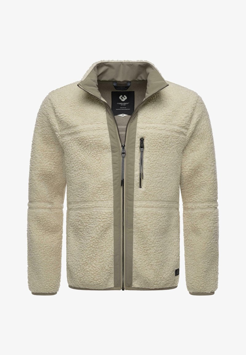 Giacca in fleece color crema con esterno testurizzato, dettagli grigi, colletto alto e due tasche sul petto con zip. Design resistente con zip a tutta lunghezza.