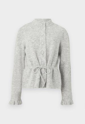 Ljusgrå cardigan i mjukt stickat tyg, med hög krage, knappstängning, dragsko i midjan och volangärmar.