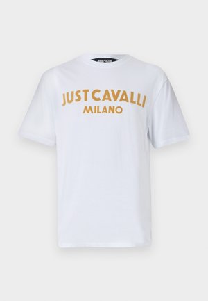 Witte katoenen t-shirt met gedurfde gouden opdruk met de tekst "JUST CAVALLI MILANO." Korte mouwen en een klassiek ronde halsontwerp.