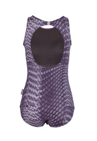 Maillot de bain violet avec un motif hexagonal, doté d'un dos nu et d'un tissu texturé. Bandes ajustables au cou. Jambes coupées courtes.