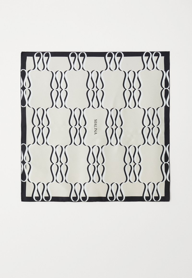 Silk scarf featuring a geometric, repeating black and white pattern, bordered with a solid black edge. Text “MALINA” is included.