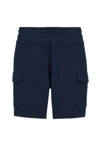 Shorts cargo bleu marine en tissu doux, dotés de deux poches latérales, d'une taille élastique et d'une texture lisse.