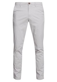 Chinos en coton gris clair à coupe droite, avec une fermeture à bouton, deux poches avant et une texture lisse.