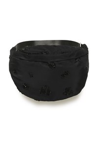 Fekete szövetű derékpánt, kerek formával, virágos gyöngy díszítéssel és széles állítható pánttal. Simább textúrájú.