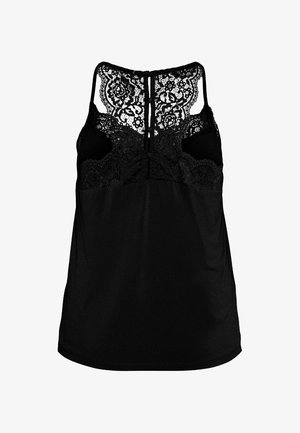Černý tílko s krajkovým detailem na zádech, zdobené květinovým vzorem. Hladká látka, nastavitelná ramínka a uvolněný střih.