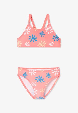 Completo da bikini a due pezzi in corallo con motivi solari multicolori. Il reggiseno ha spalline regolabili; la parte inferiore presenta una forma classica.