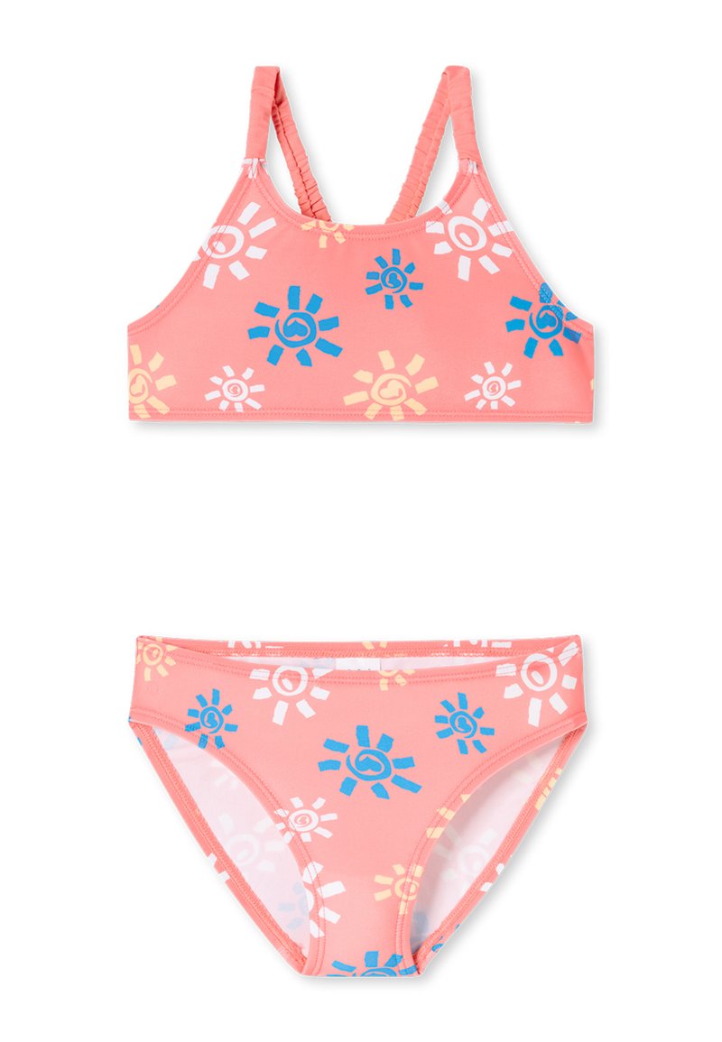 Kaksiosainen uimapuku korallinvärissä, jossa on monivärisiä auringon kuvioita. Bralette-malli on säädettävillä olkaimilla; alaosa on klassisella leikkuulla.