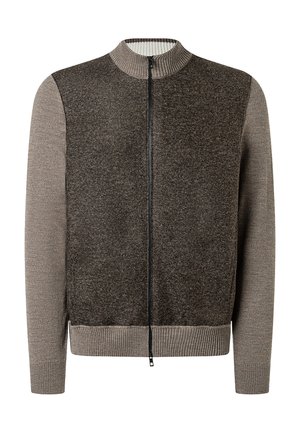 Herren Zip-Cardigan mit geripptem Kragen, Bündchen und Saum, mit dunkelbraunem strukturiertem Körper und hellbraunen Ärmeln.