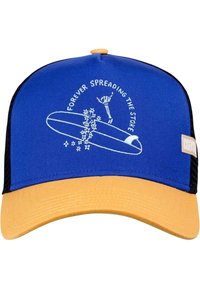 Căciulă din plasă albastră și neagră cu o vizieră galbenă; prezintă broderie albă cu un surfer și textul "ÎNTOTDEAUNA ÎMPĂRTĂȘIND BUCURIA".