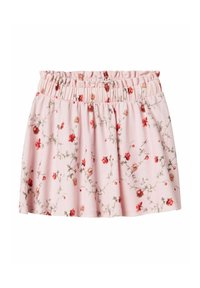 Gonna floreale rosa con cintura elastica, caratterizzata da un motivo di fiori rossi e beige su un tessuto morbido e leggero.