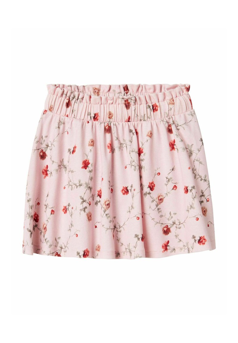 Gonna floreale rosa con cintura elastica, caratterizzata da un motivo di fiori rossi e beige su un tessuto morbido e leggero.