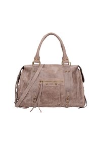 Beige leren handtas met dubbele handgrepen, verstelbare schouderband, voorvak met rits, gouden hardware en een gestructureerde afwerking.