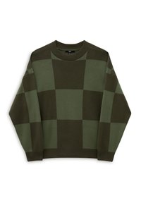 Groene trui met een schaakbordpatroon in donkere en lichte tinten, ronde halslijn en ribgebreide mouwen. Zachte, gebreide stof.