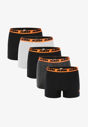Fünf Paar Boxershorts in Schwarz, Grau und Schwarzmelange, mit einem orangen Bund und dem schwarzen KTM-Logo.
