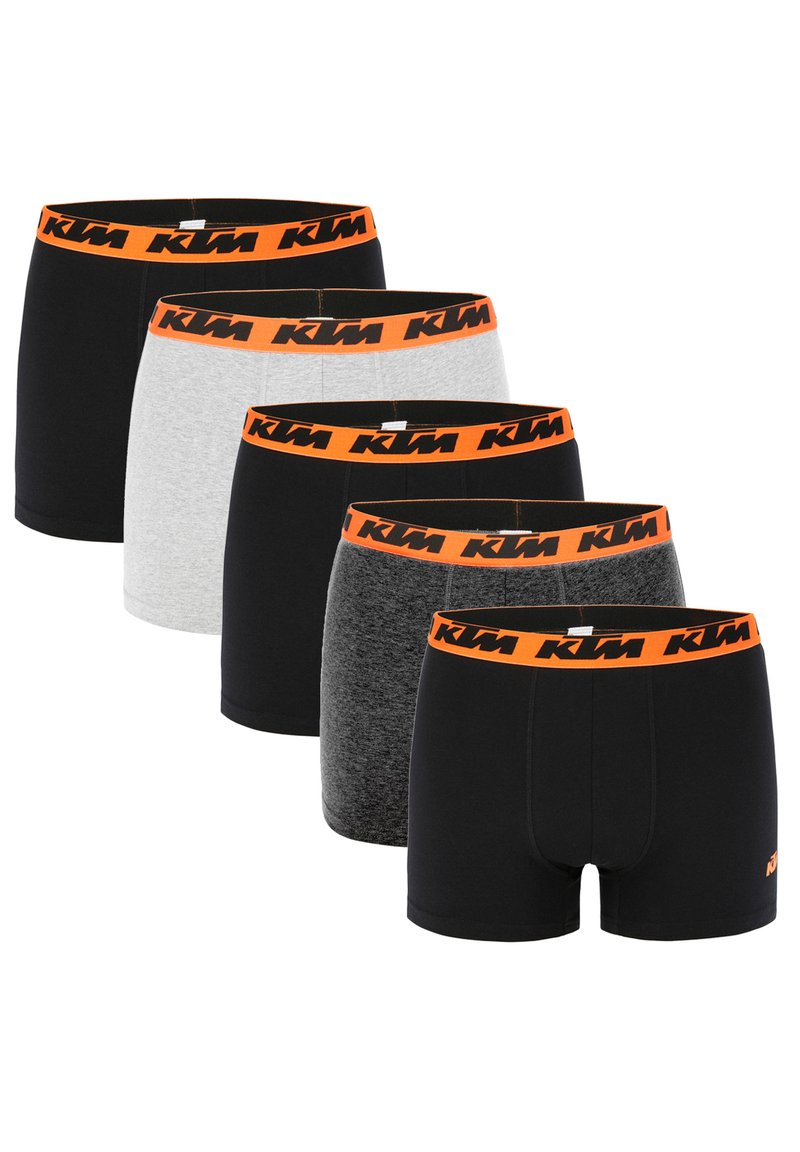 Fünf Paar Boxershorts in Schwarz, Grau und Schwarzmelange, mit einem orangen Bund und dem schwarzen KTM-Logo.