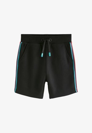 Fekete, puha anyagú rövidnadrág, oldalzsebekkel, színes csíkokkal teal, lila és piros színben az oldalsó varrások mentén.