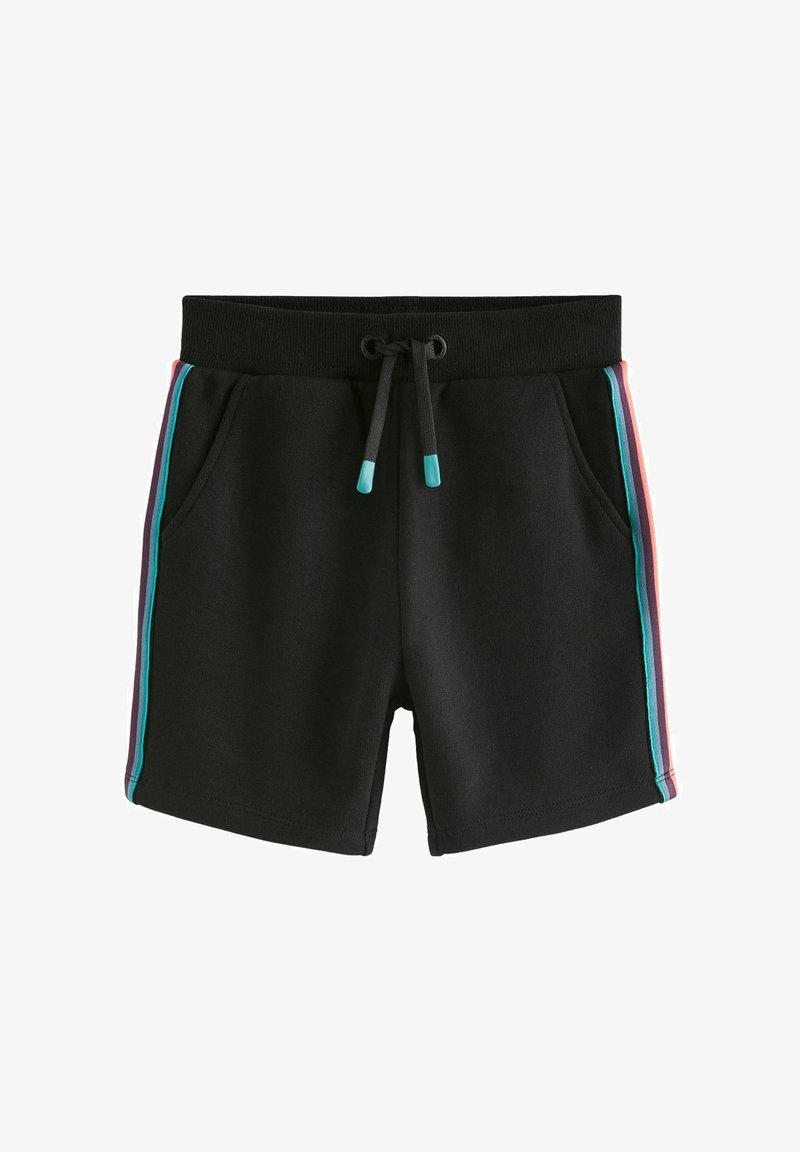 Fekete, puha anyagú rövidnadrág, oldalzsebekkel, színes csíkokkal teal, lila és piros színben az oldalsó varrások mentén.